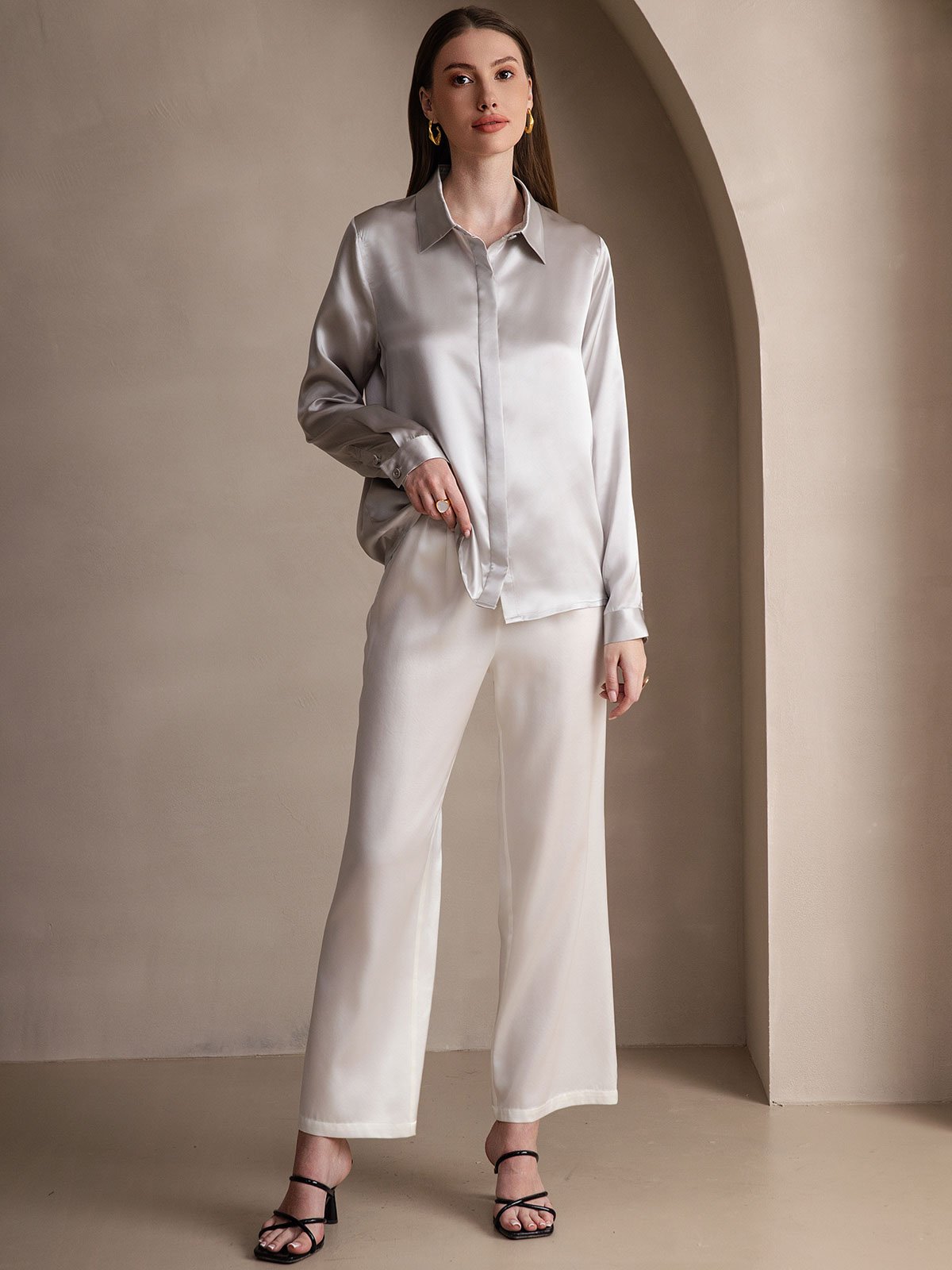 [رمادي فاتح] SilkSilky-SA 19Momme الحرير الأكمام الطويلة Lapel Collar بلايز نسائية 006