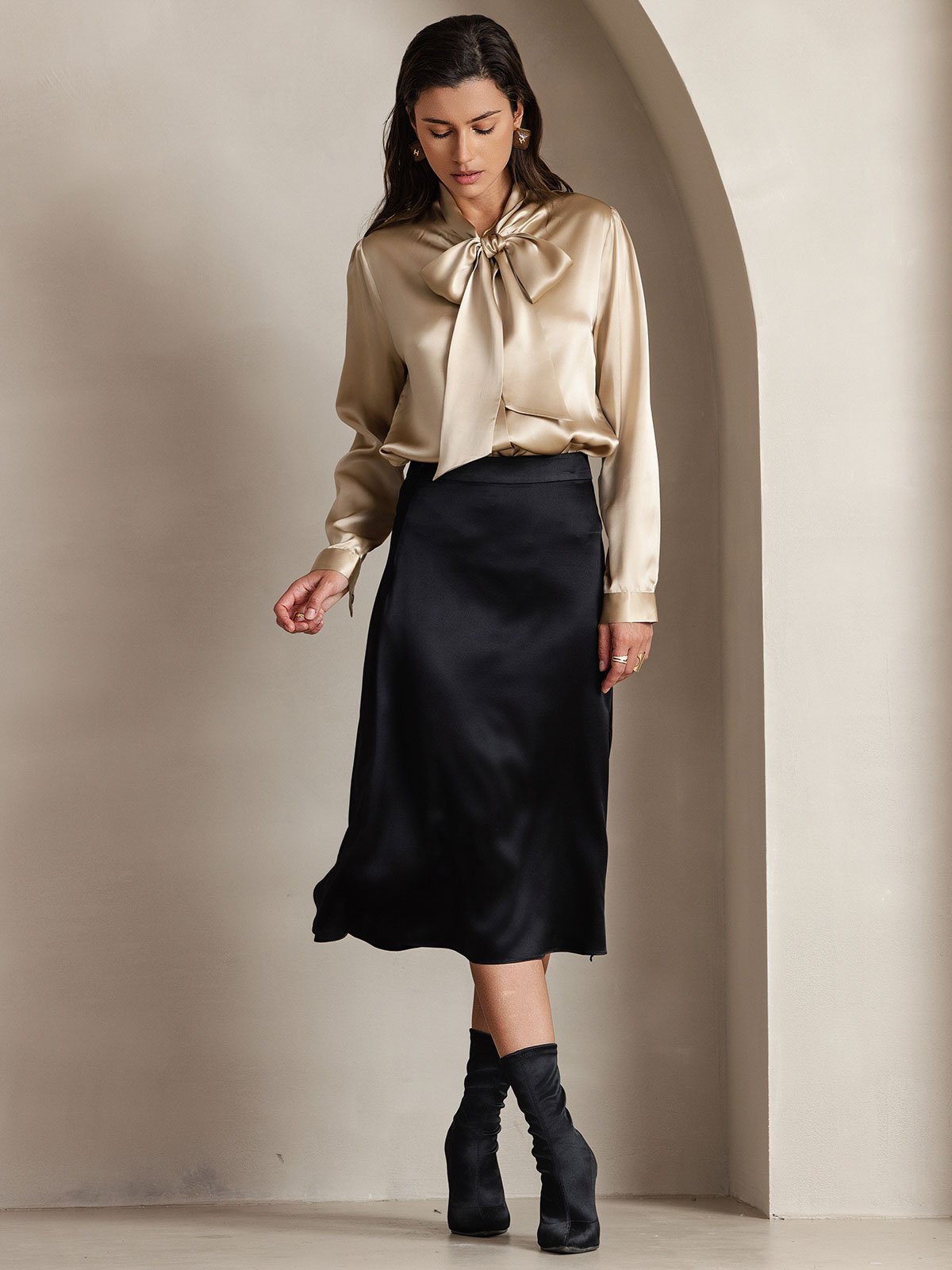 [شامبانيا] SilkSilky-SA 19Momme الحرير الأكمام الطويلة Blouse 004