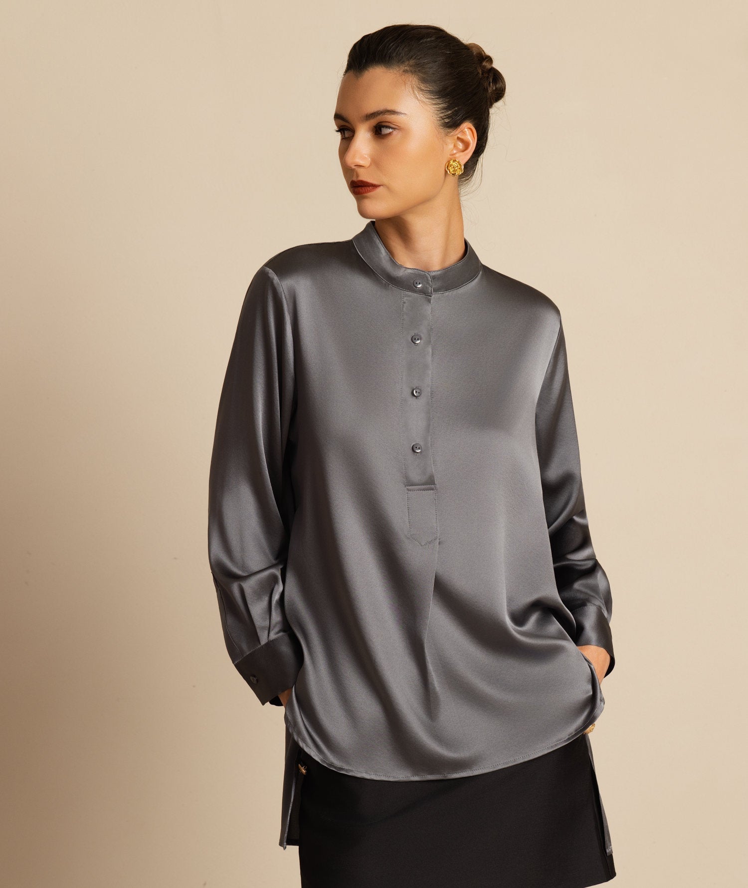 [الرمادي الداكن] SilkSilky-SA 19Momme الحرير الأكمام الطويلة ياقة القاع بلوزة 003