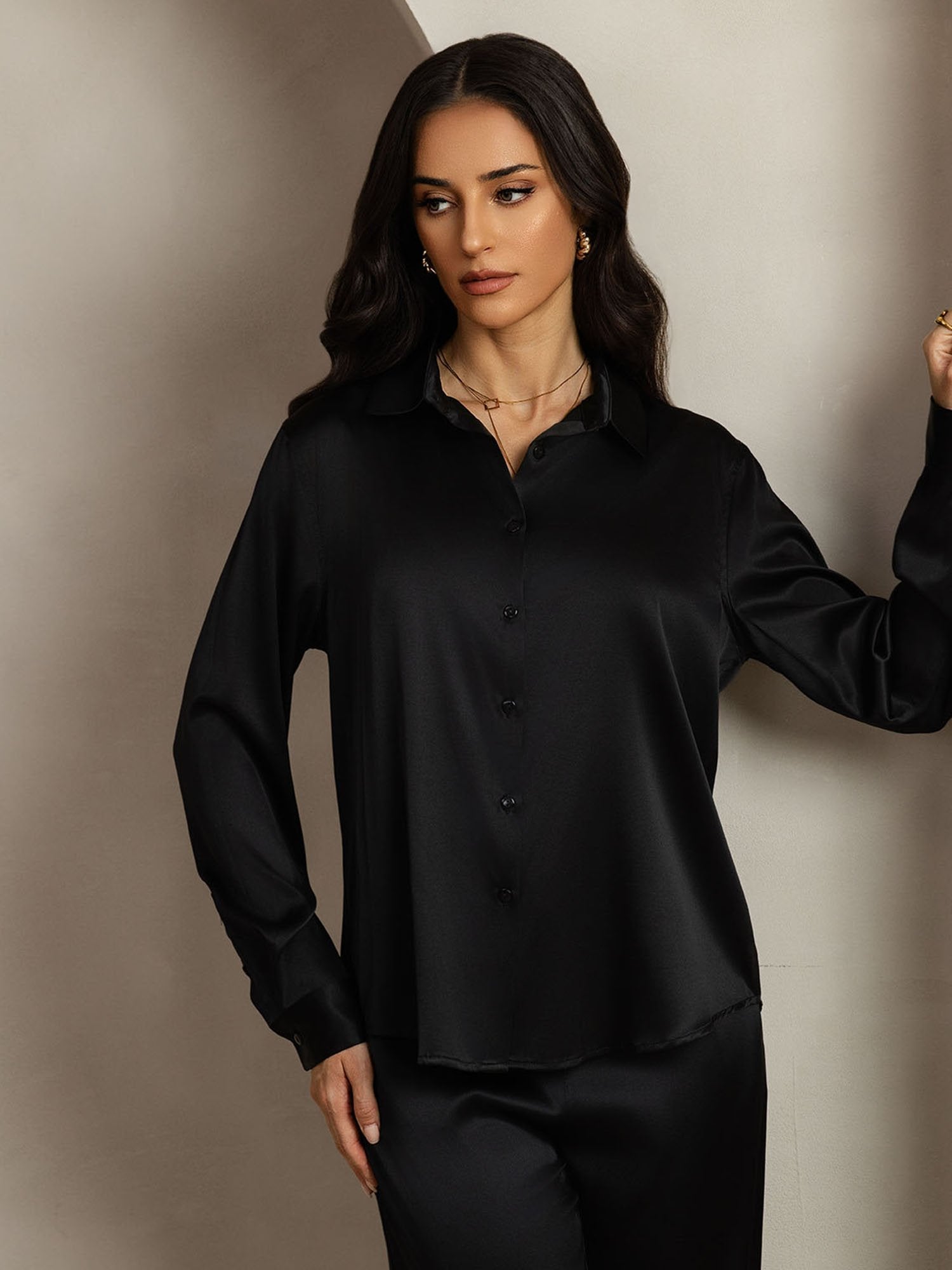 [أسود] SilkSilky-SA 19Momme الحرير Lapel Collar Women''s Outfit Sets 005,