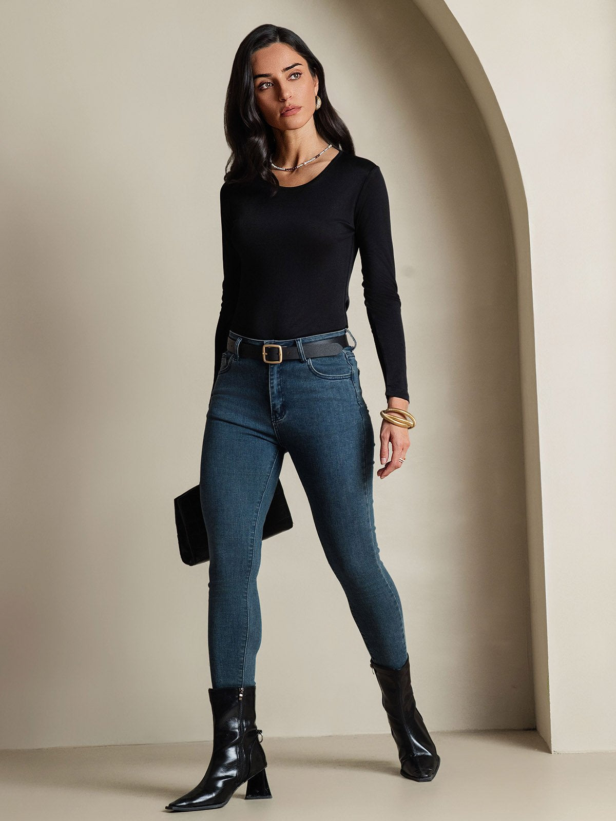 [أسود] SilkSilky-SA الحرير رقبة مستديرة تي شيرت نسائية 007,