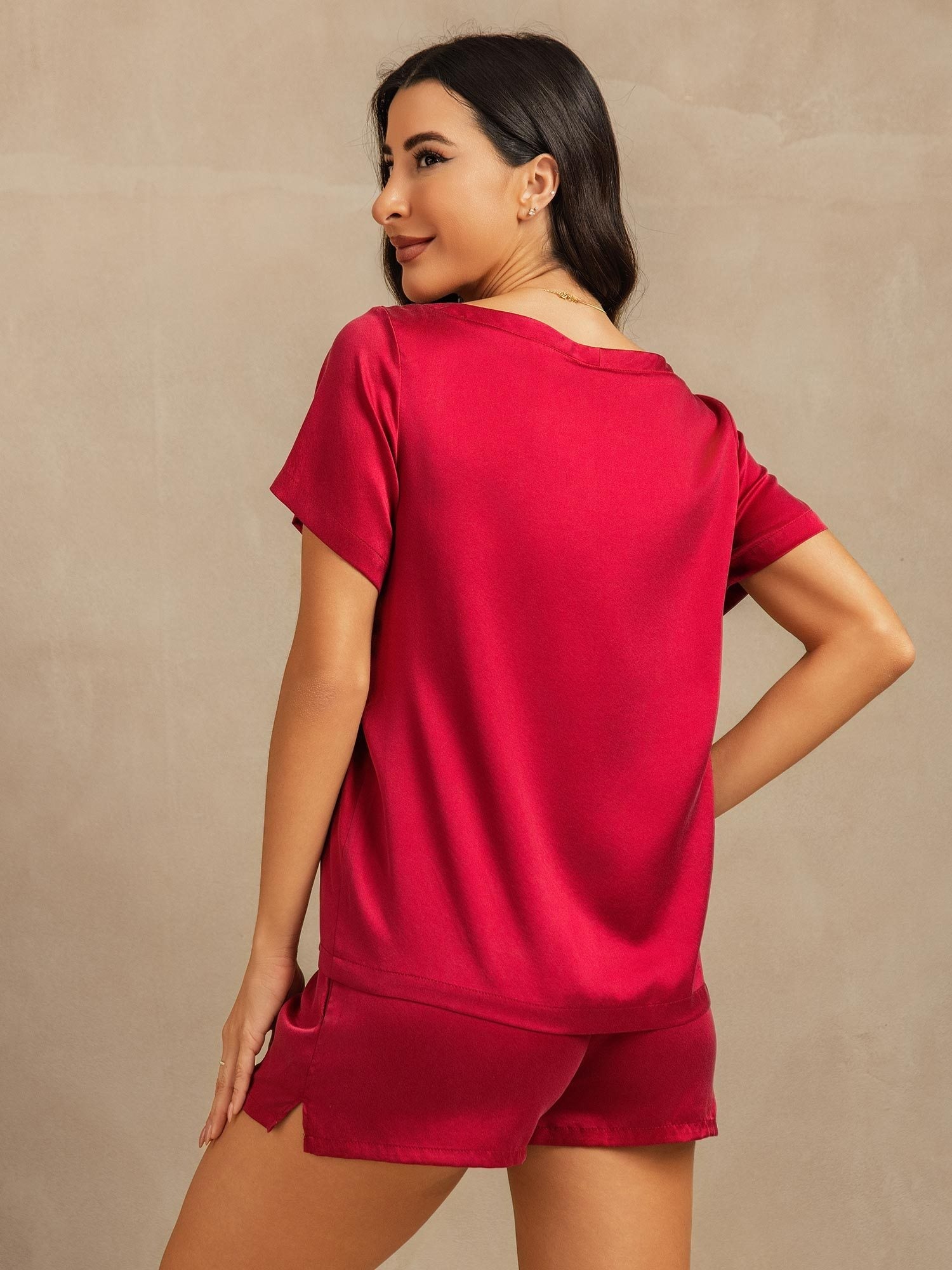 [خمر] SilkSilky-SA 19Momme الحرير رقبة مستديرة طقم بيجامة نسائي 002