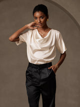 [اللون البيج] SilkSilky-SA Short Sleeve Cowl Neck بلوزات نسائية 004