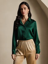 [أخضر غامق] SilkSilky-SA Long Sleeve Lapel Collar بلايز نسائية 006