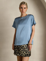 [أزرق رمادي] SilkSilky-SA Short Sleeve Boat Neck تي شيرت نسائية 003