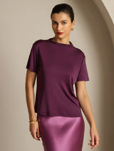 [أرجواني] SilkSilky-SA 100% Silk Jersey Short Sleeve ياقة نصف عالية تي شيرت نسائية 005