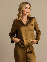 [بني] SilkSilky-SA Long Sleeve Lapel Collar طقم بيجامة نسائي 006