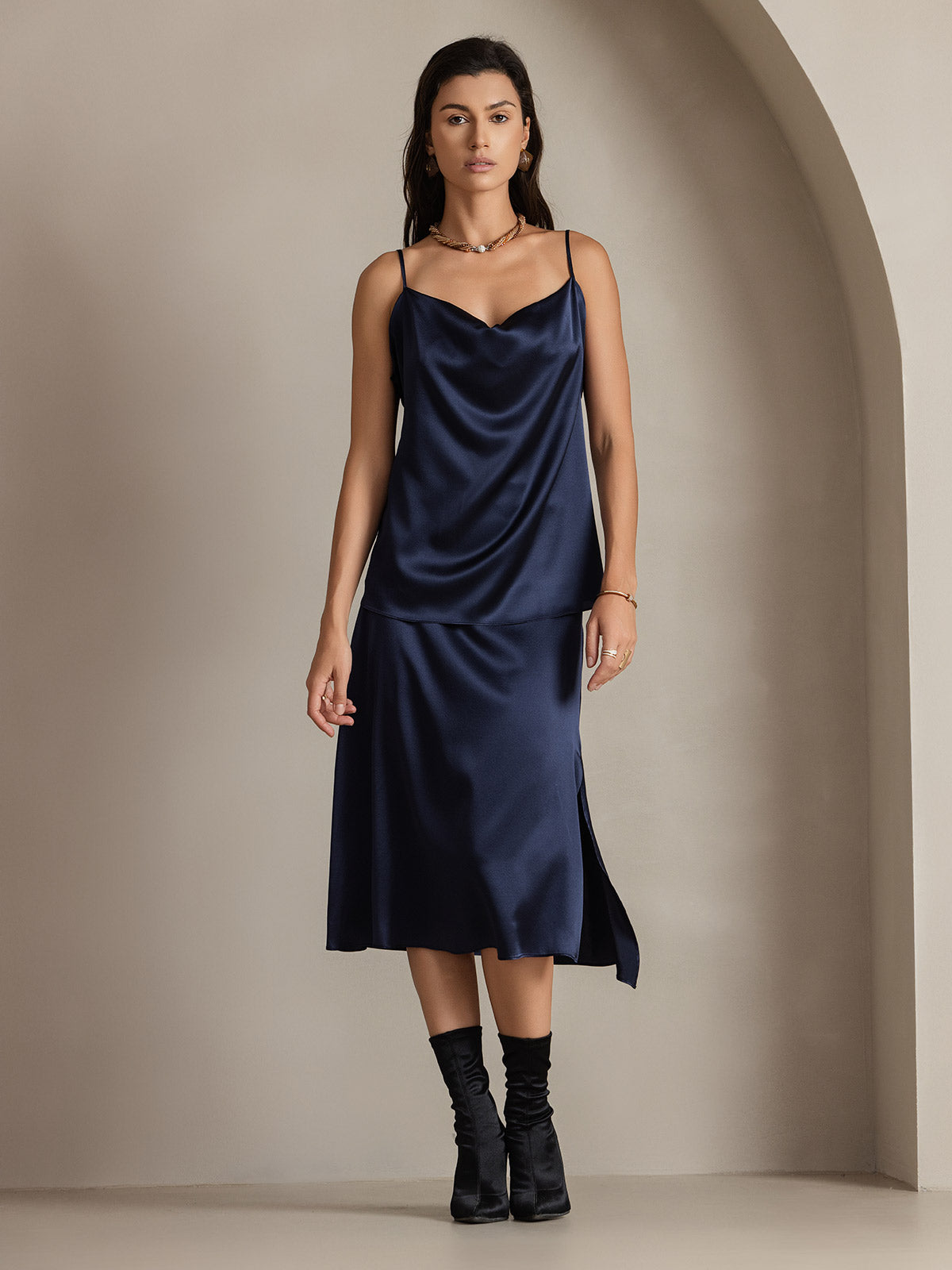 [أزرق غامق] SilkSilky-SA 19Momme الحرير Skirt 004