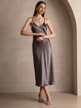 [كاكي غامق] SilkSilky-SA Sleeveless V Neck فساتين نسائية 006