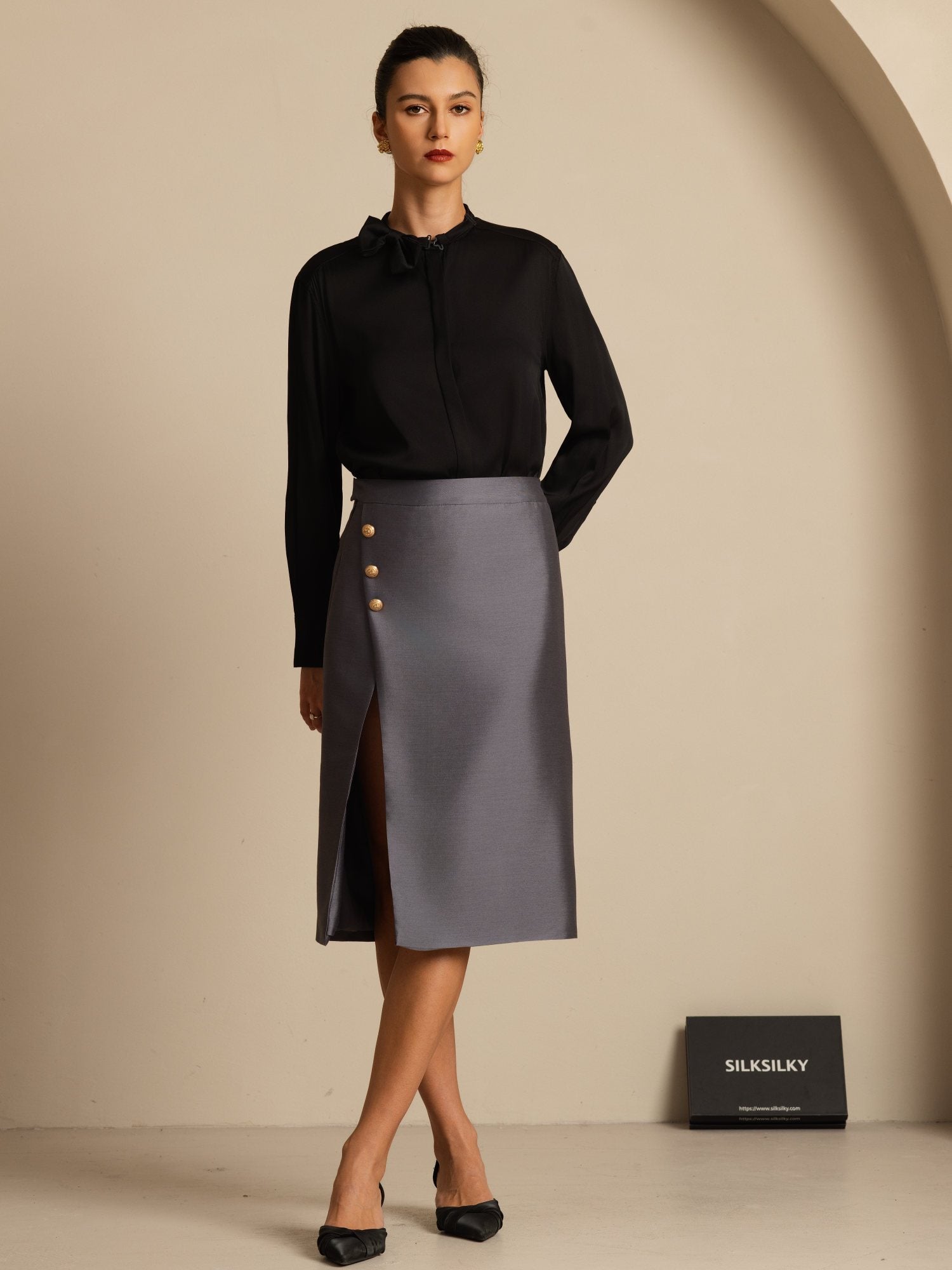 [أسود] SilkSilky-SA 19Momme الحرير الأكمام الطويلة ياقة القاع بلوزة 007