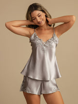 [رمادي فاتح] SilkSilky-SA Sleeveless V Neck مجموعة قميص قصير 006