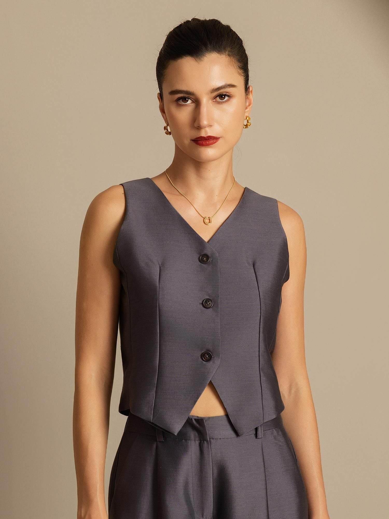 [رمادي] SilkSilky-SA 32Momme الحرير رقبة على شكل حرف V سترة نسائية 003,