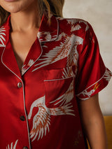 [احمر غامق] SilkSilky-SA Short Sleeve Lapel Collar طقم بيجامة نسائي 004