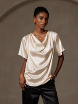[اللون البيج] SilkSilky-SA Short Sleeve Cowl Neck بلوزات نسائية 001