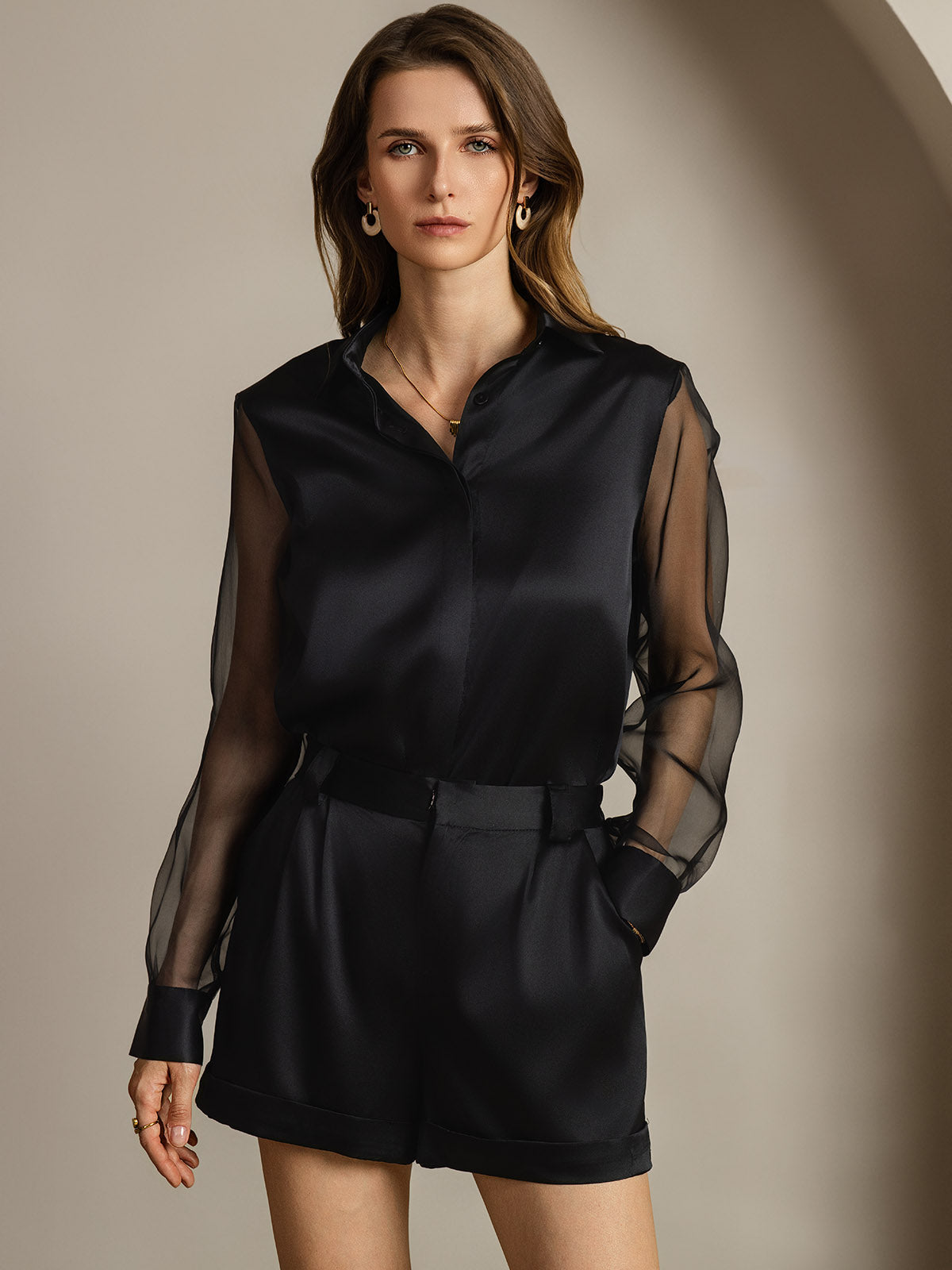 [أسود] SilkSilky-SA 19Momme الحرير Lapel Collar بلايز نسائية 005