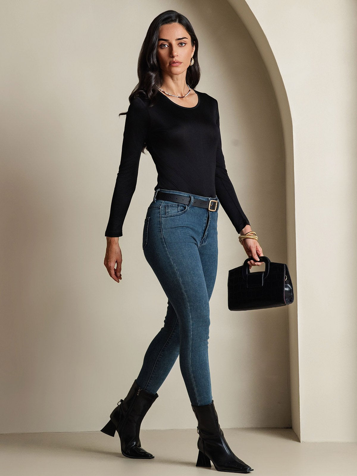 [أسود] SilkSilky-SA الحرير رقبة مستديرة تي شيرت نسائية 008,