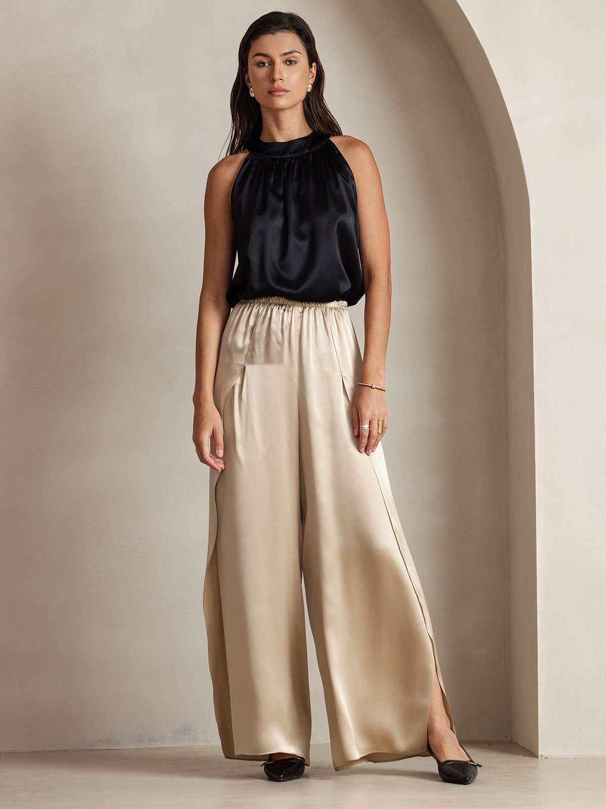 [أسود] SilkSilky-SA 19Momme الحرير Womens T-Shirt 006