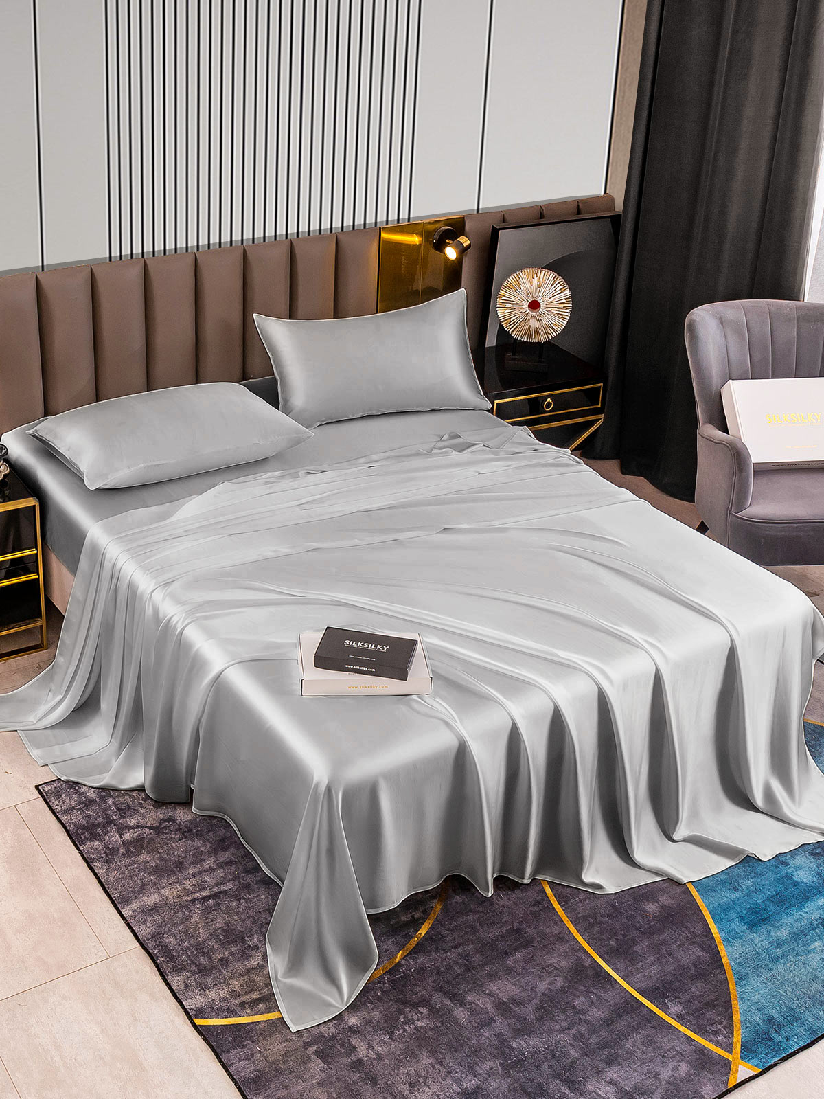 SilkSilky SA 22Momme الحرير الخالص Bedding Set فضة 002