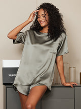[أخضر رمادي] SilkSilky-SA Short Sleeve Round Neck طقم بيجامة نسائي 001