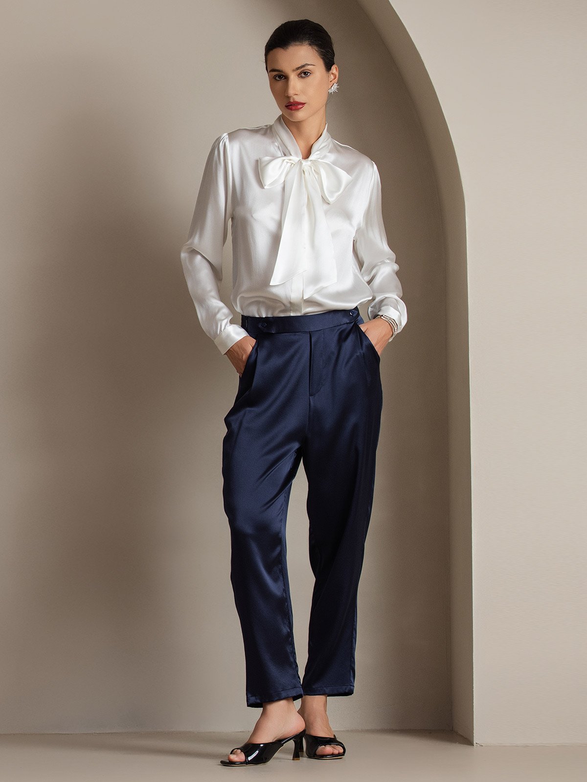 [أبيض] SilkSilky-SA 19Momme الحرير الأكمام الطويلة Blouse 006