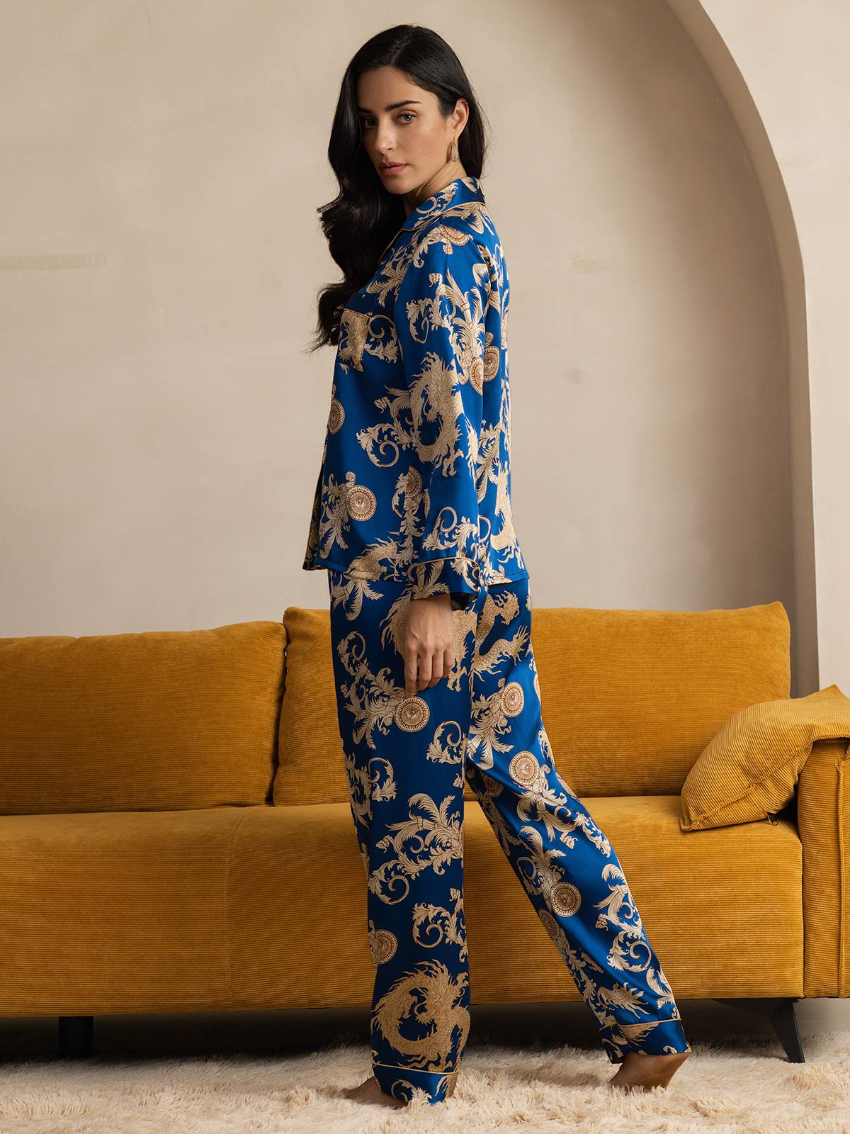 [تنين نيفي] SilkSilky-SA الحرير الخالص Womens Pajamas 002
