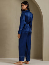 [أزرق غامق] SilkSilky-SA Long Sleeve Shawl Collar طقم بيجامة نسائي 002