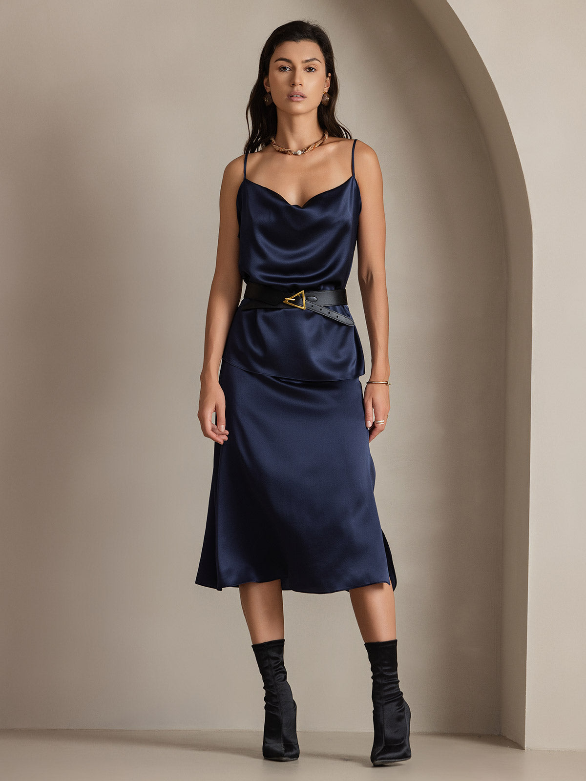 [أزرق غامق] SilkSilky-SA 19Momme الحرير Skirt 005