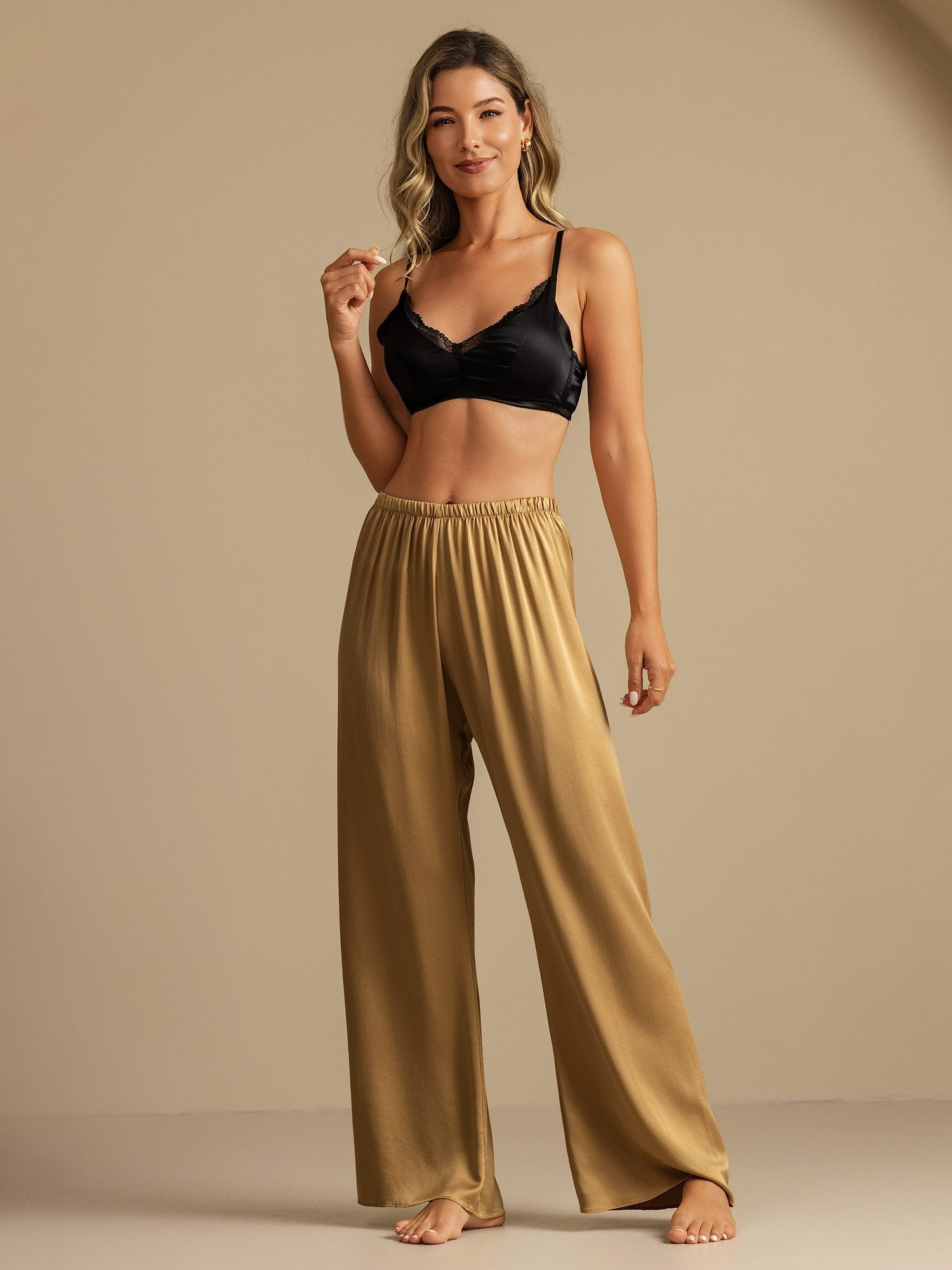 [تان (بني فاتح)] SilkSilky-SA 19Momme الحرير Womens Sleep Bottoms 006,