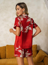 [احمر غامق] SilkSilky-SA Short Sleeve Lapel Collar طقم بيجامة نسائي 002