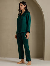 [أخضر غامق] SilkSilky-SA Long Sleeve Lapel Collar طقم بيجامة نسائي 007