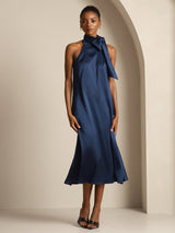 [أزرق غامق] SilkSilky-SA Sleeveless Tie Neck فساتين نسائية 001