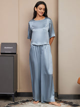 [أزرق رمادي] SilkSilky-SA Half Sleeve Round Neck طقم بيجامة نسائي 005
