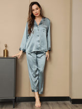 [الأزرق الصلب] SilkSilky-SA Long Sleeve Lapel Collar طقم بيجامة نسائي 002