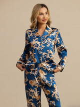 [تنين نيفي] SilkSilky-SA Long Sleeve Lapel Collar طقم بيجامة نسائي 006