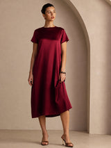 [احمر غامق] SilkSilky-SA Short Sleeve Crew Neck فساتين نسائية 001