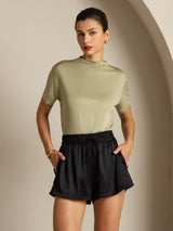 [عشبة مجففة] SilkSilky-SA 100% Silk Jersey Short Sleeve ياقة نصف عالية تي شيرت نسائية 008