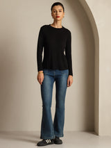 [أسود] SilkSilky-SA Long Sleeve Crew Neck تي شيرت نسائية 008