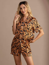 [نمر أسود] SilkSilky-SA Short Sleeve Lapel Collar طقم بيجامة نسائي 004