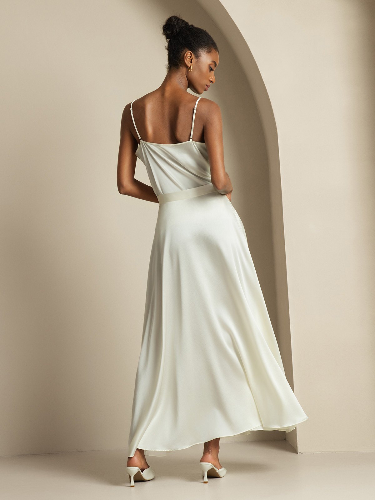 [أبيض] SilkSilky-SA 19Momme الحرير فتحة عنق بثنيات ملفوفة Women''s Outfit Sets 002,