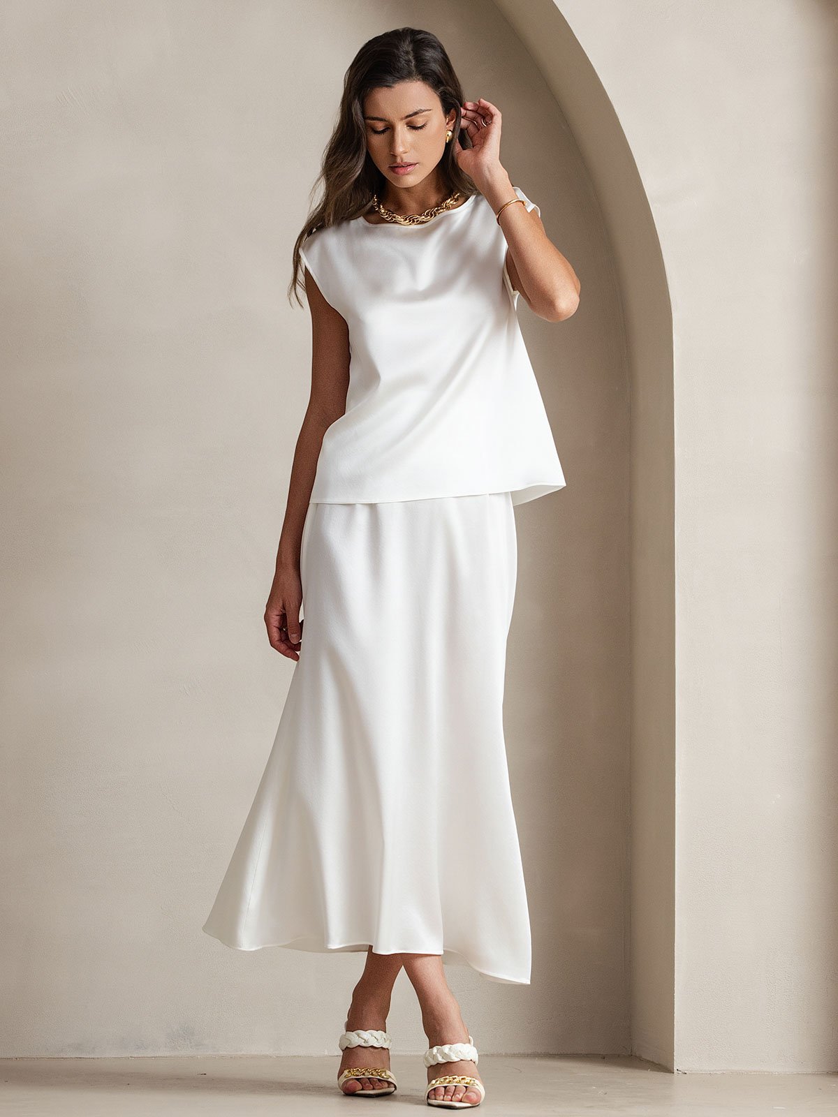 [أبيض] SilkSilky-SA 19Momme الحرير رقبة مستديرة تي شيرت نسائية 004,