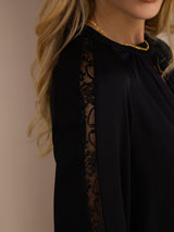 [أسود] SilkSilky-SA Long Sleeve Keyhole Neck بلوزات نسائية 006