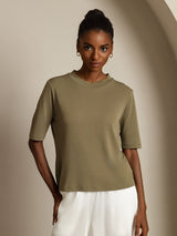 [زيتوني محروق] SilkSilky-SA Half Sleeve Crew Neck تي شيرت نسائية 001