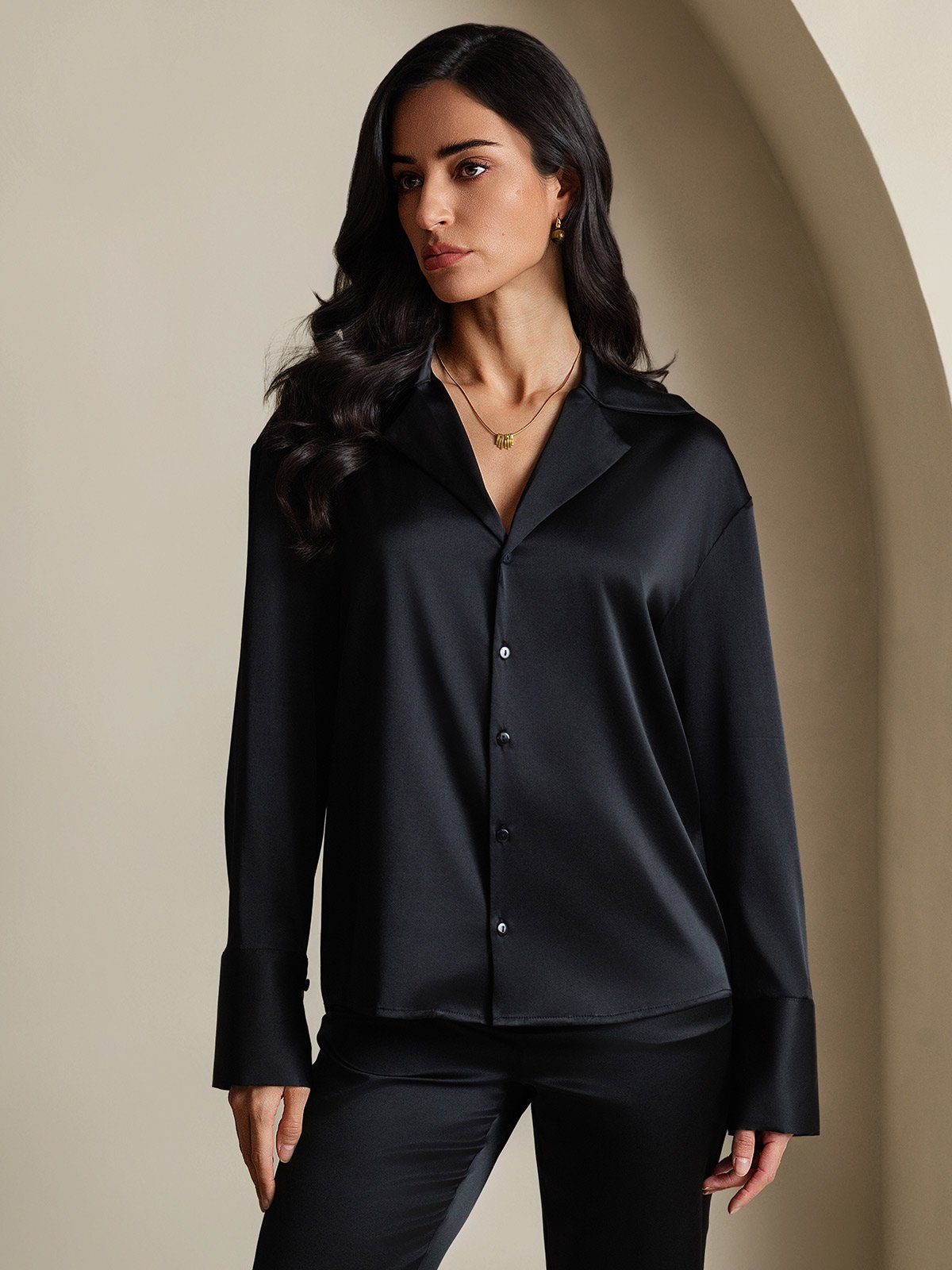 [أسود] SilkSilky-SA 19Momme الحرير Notch Collar بلايز نسائية 004