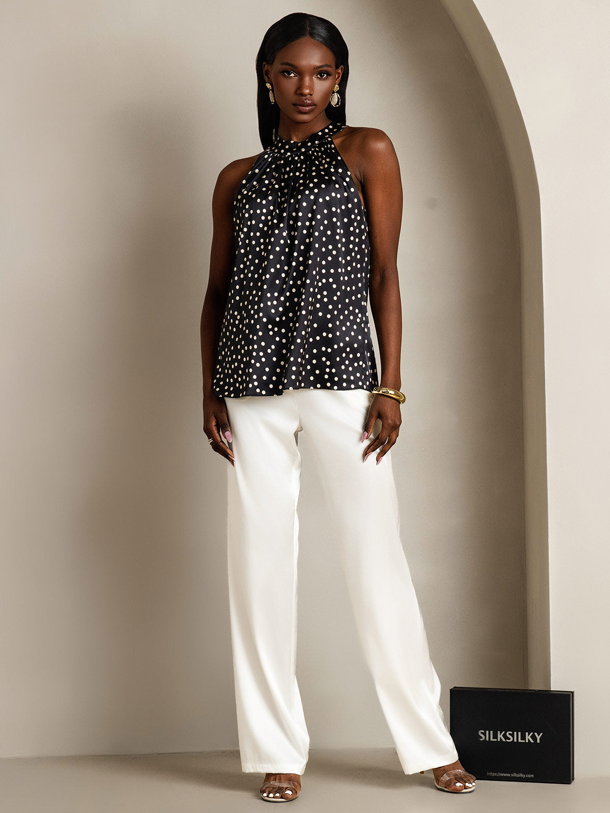 [أسود+أبيض] SilkSilky-SA 19Momme الحرير Womens T-Shirt 007