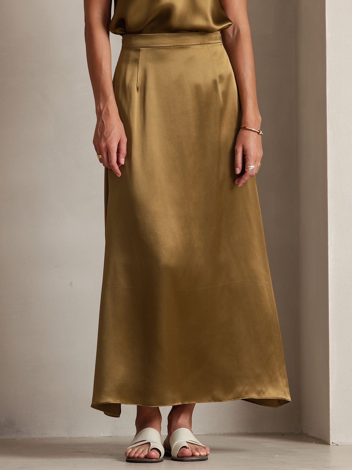 [بني] SilkSilky-SA 19Momme الحرير Skirt 001
