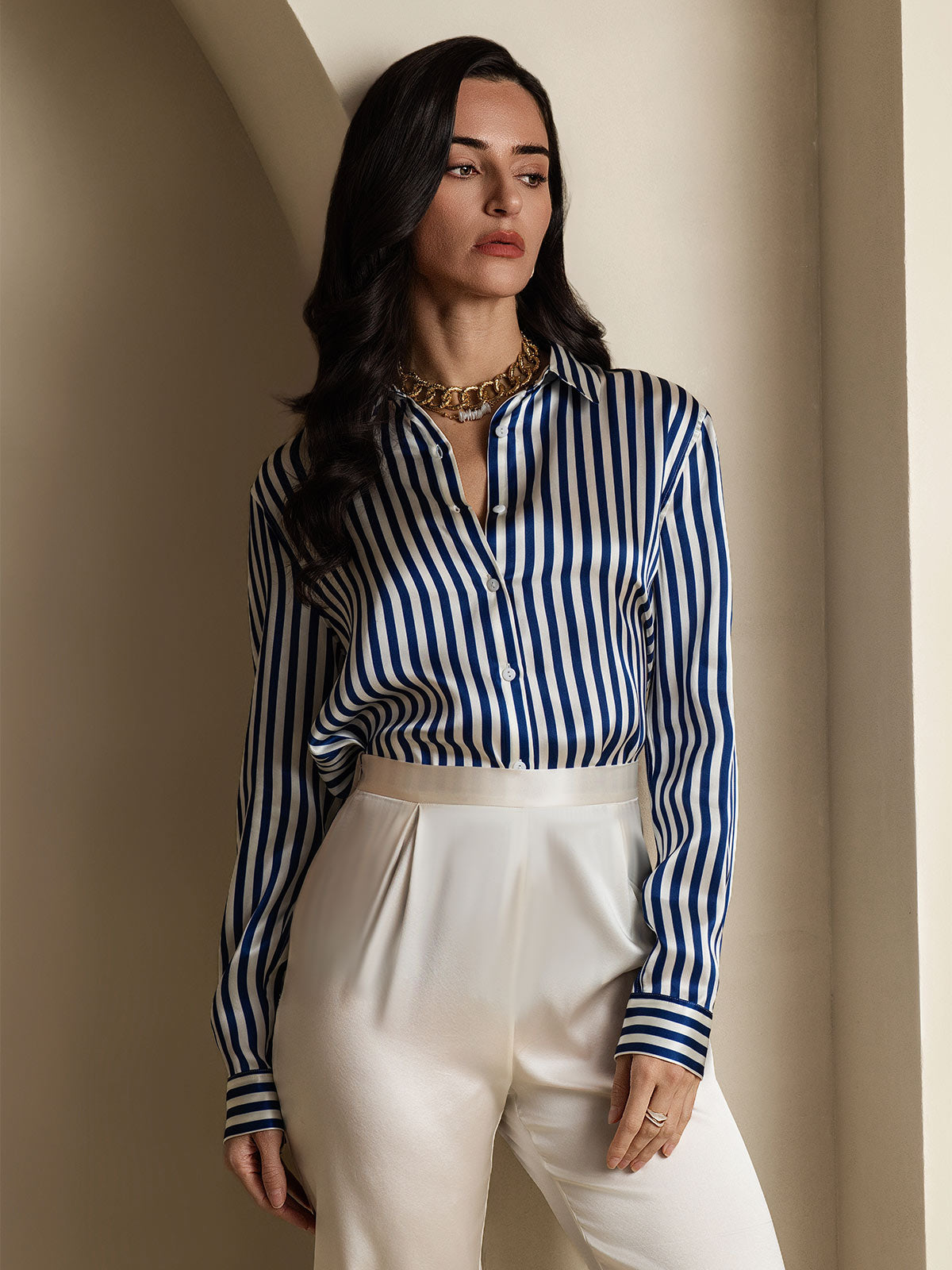 [أزرق] SilkSilky-SA الحرير Lapel Collar بلايز نسائية 006