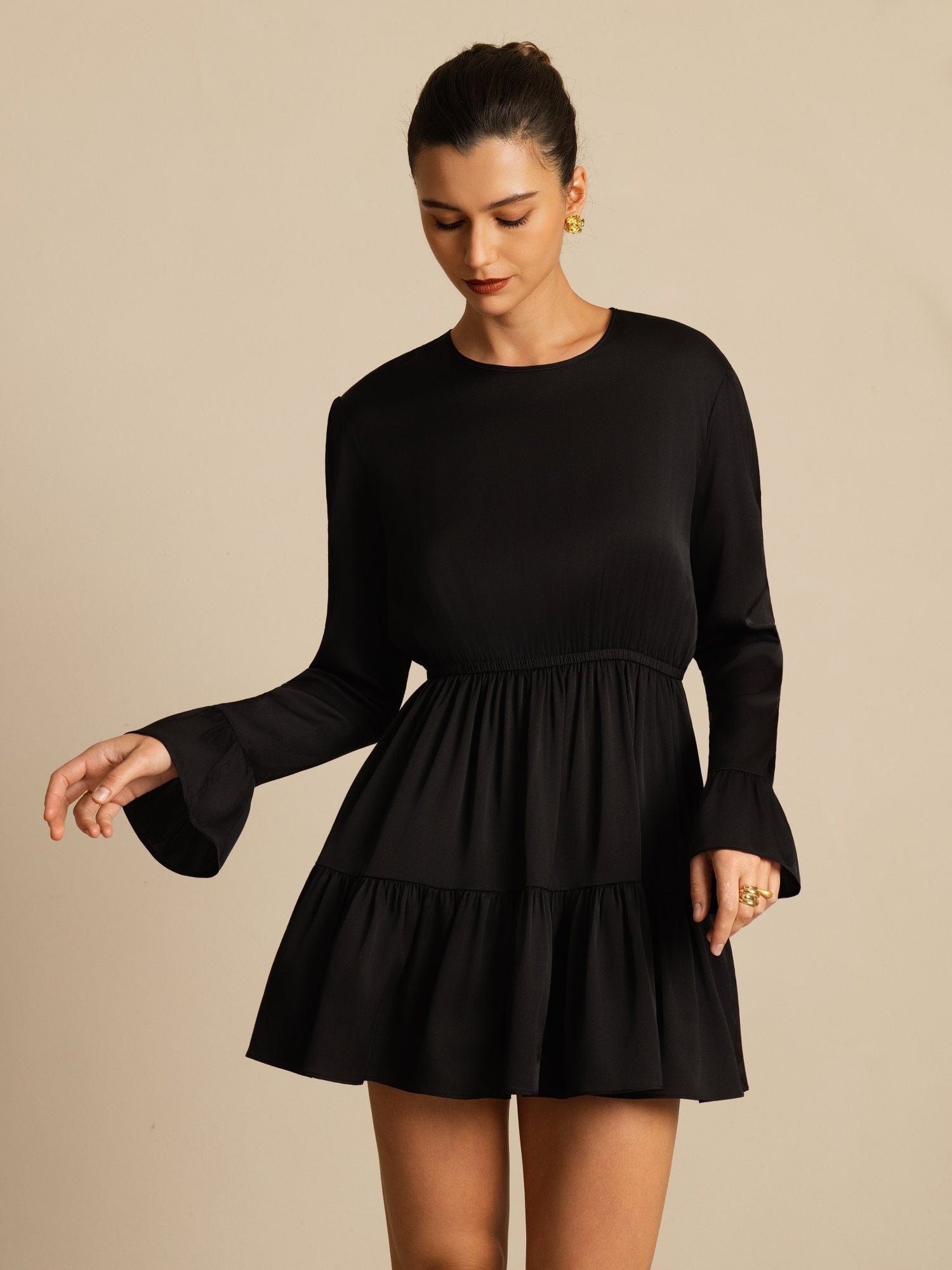 [أسود] SilkSilky-SA 19Momme الحرير الأكمام الطويلة رقبة مستديرة فساتين نسائية 005