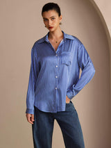 [مقلم دقيق أزرق] SilkSilky-SA Long Sleeve Lapel Collar بلايز نسائية 003