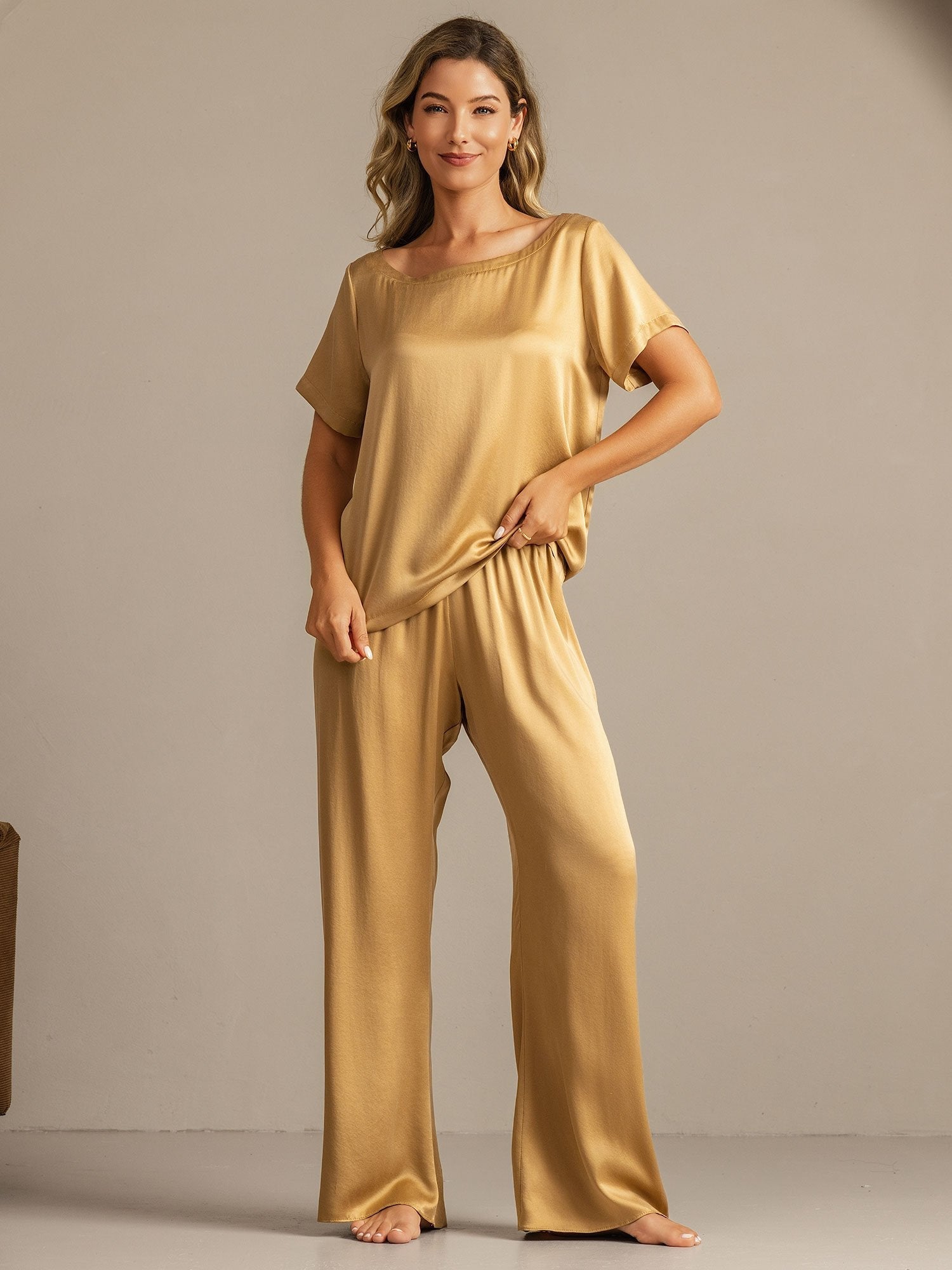 [تان(بنيفاتح)] SilkSilky-SA 19Momme الحرير Womens Pajamas 005