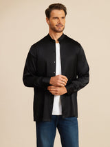 [أسود] SilkSilky-SA Long Sleeve Stand Collar قميص رجالي 004
